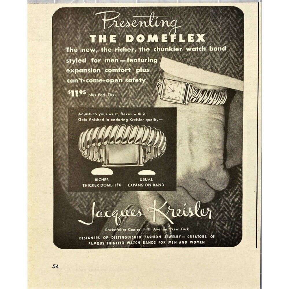 Jacques Kreisler The Domeflex Watch Band "Styled for Men" Vintage Print Ad 1946